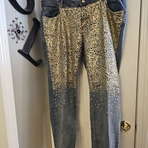Chico's Light Blue Straight Leg Jeans with Gold Sequin Front
